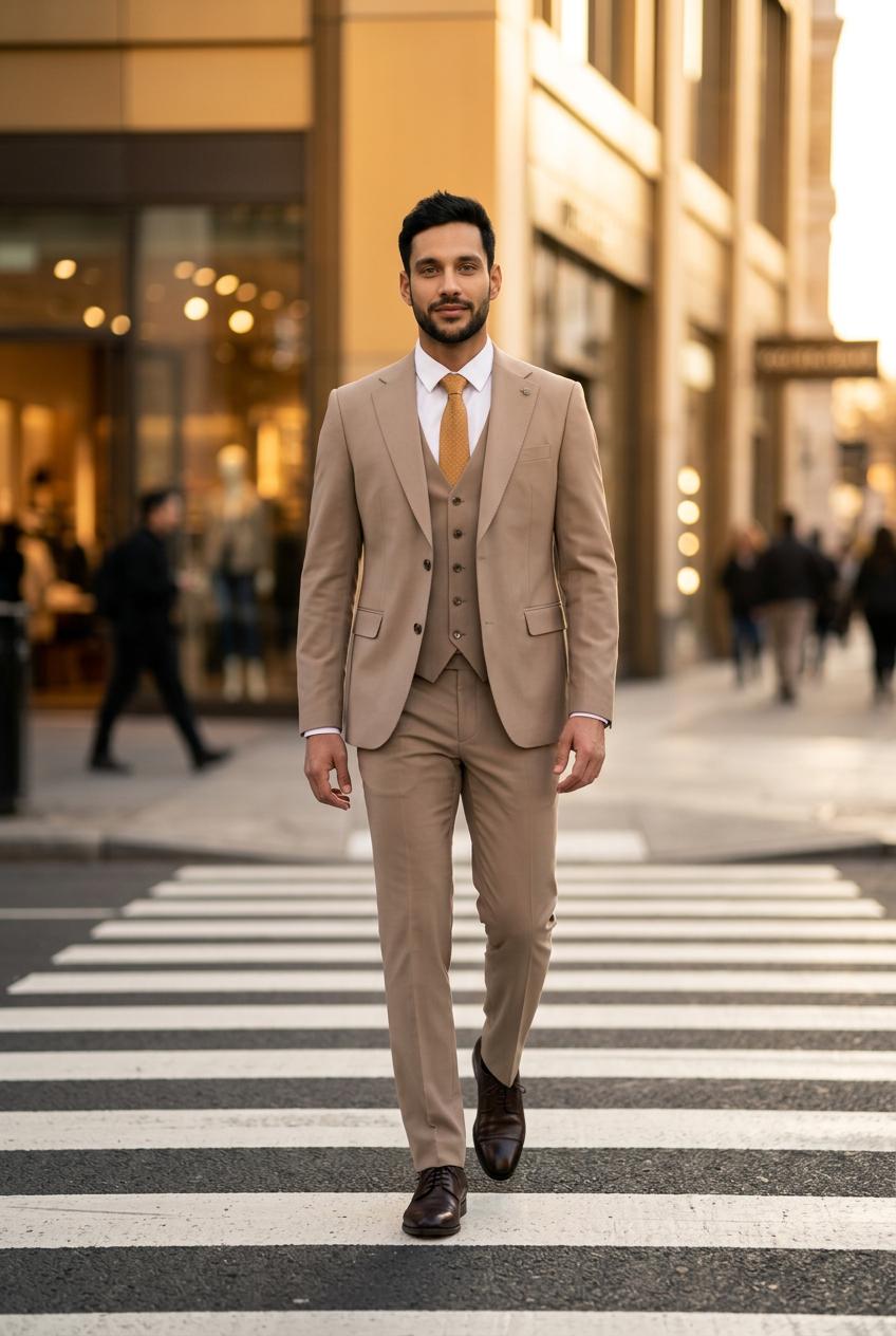 Costum bej elegant (stil casual-premium)