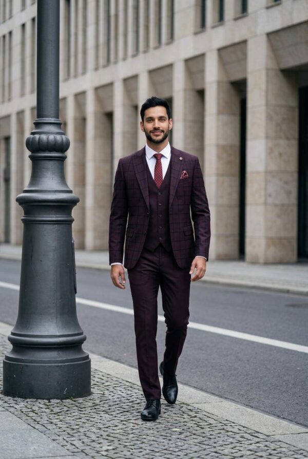 Costum bordo în carouri cu vestă