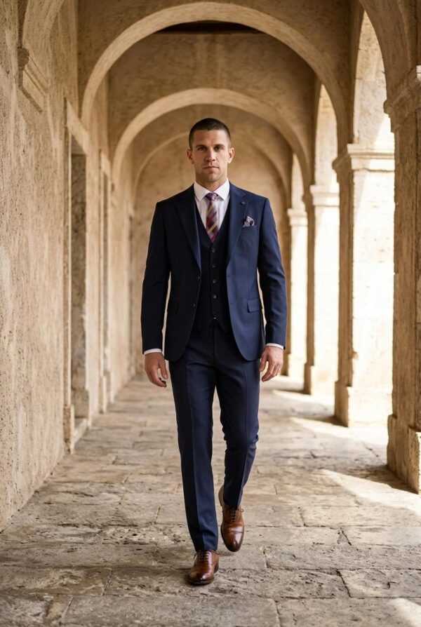 Costum bleumarin elegant cu vestă